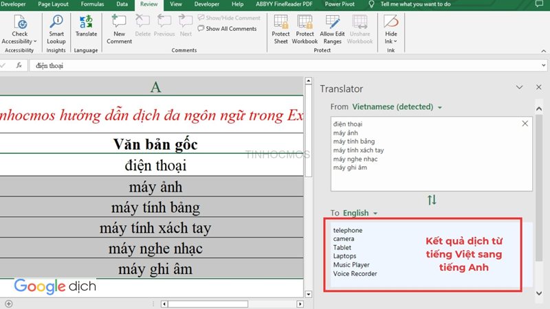Hàm Googletranslate - Bước 3: Kiểm tra bản dịch